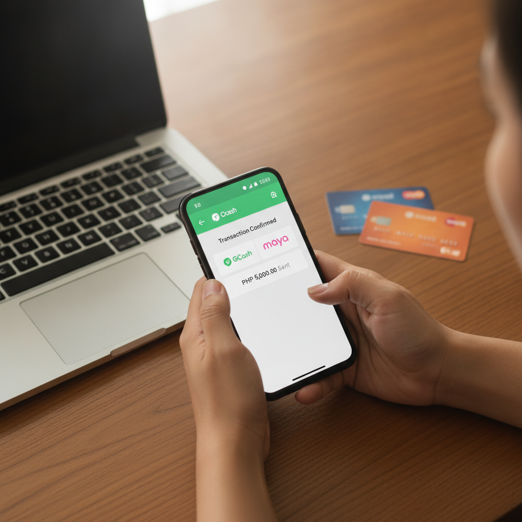Filipino player checking casino withdrawal on smartphone with GCash and Maya cards
